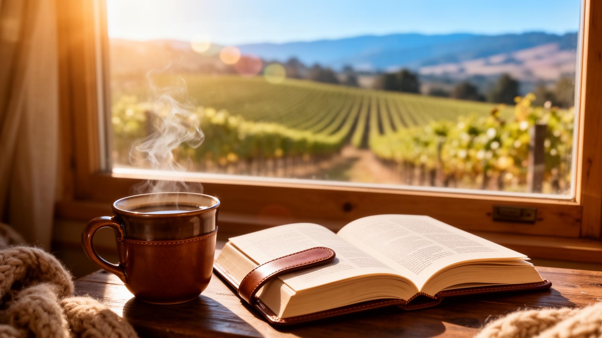 A steaming cup of coffee and an open notebook beside a sunlit window overlooking a Napa Valley vineyard