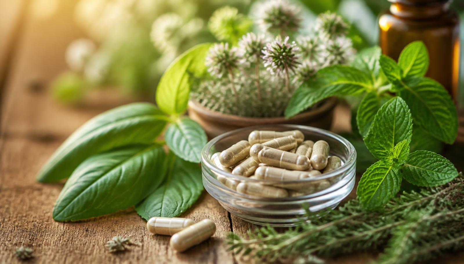Natural supplement capsules and fresh herbs in warm morning light