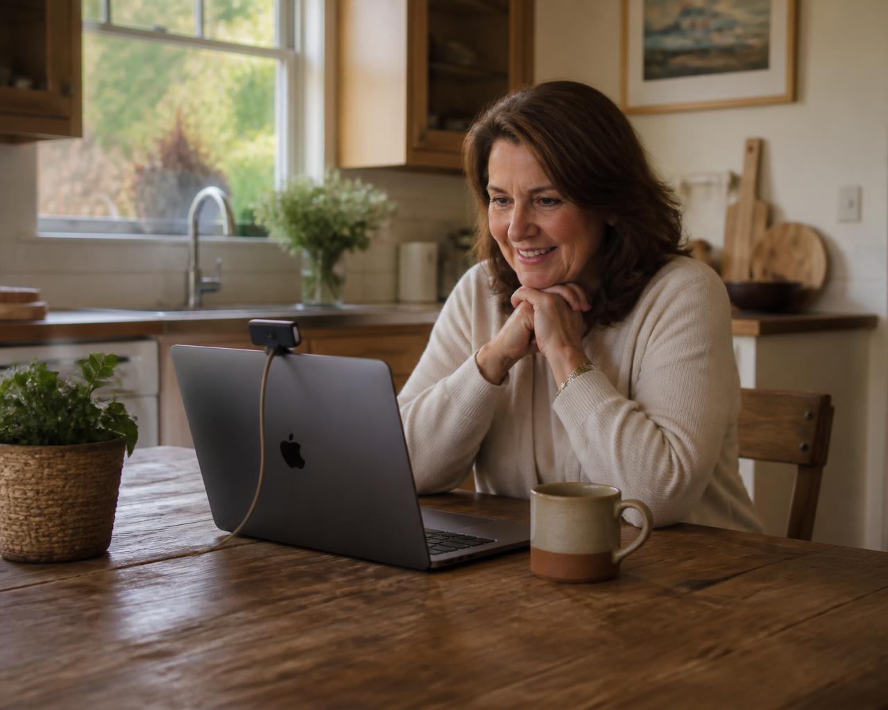 Woman at home joining a virtual GLP-1 telehealth visit on her laptop