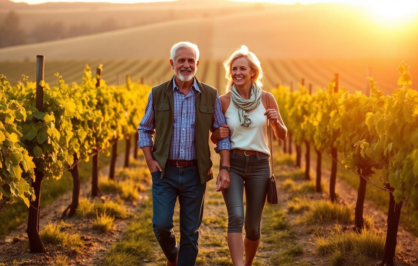 Weight loss after 50 in Napa - active healthy couple walking in vineyard